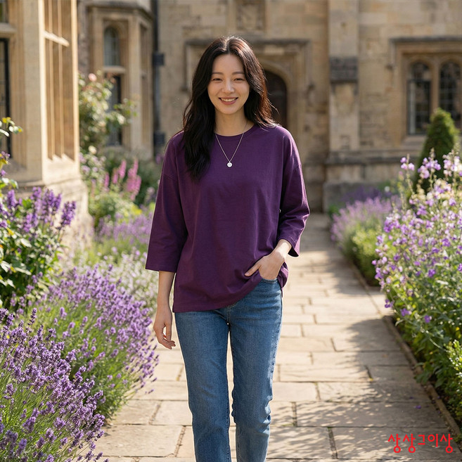 상상그이상 여성용 국내제작 박스 7부 부드러운 슬라브원단 루즈핏 라운드넥 무지 티셔츠 레이어드 이너티