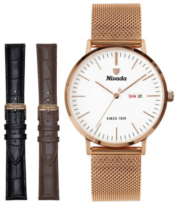 [NIVADA] 니바다 체인저블 남성용 캘린더 메탈시계 (가죽밴드2개)