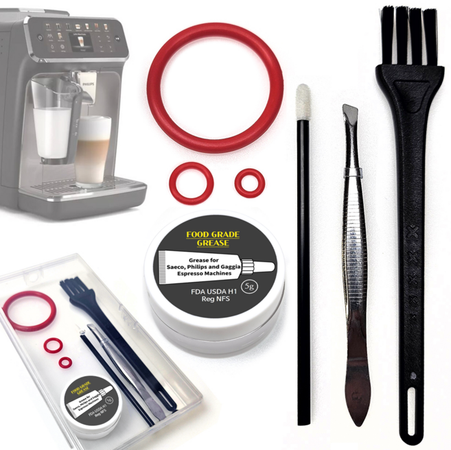 필립스 커피머신 오링 3종 구리스 식용등급 테프론 윤활제 교체 부품 국산 실리콘링 호환 EP 1200 2200 3200 5400 라떼고 셀프 수리 청소 브러쉬, 1세트, 풀세트 (실리콘오링3종+구리스+청소솔+붓)