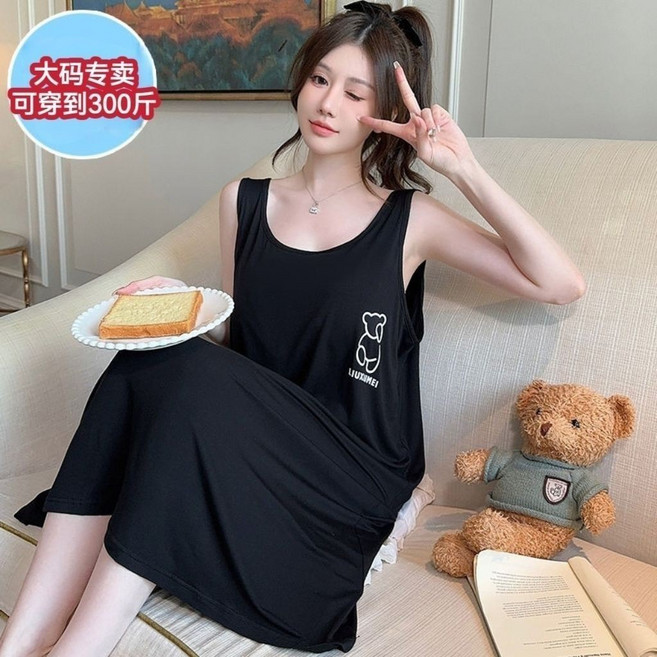 新款大尺碼女裝洋裝夏裝無袖冰絲坑條吊帶睡裙寬鬆家居外穿夏天睡衣