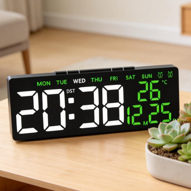 레보나 무소음 디지털 LED 탁상시계, 그린(LED)&블랙케이스