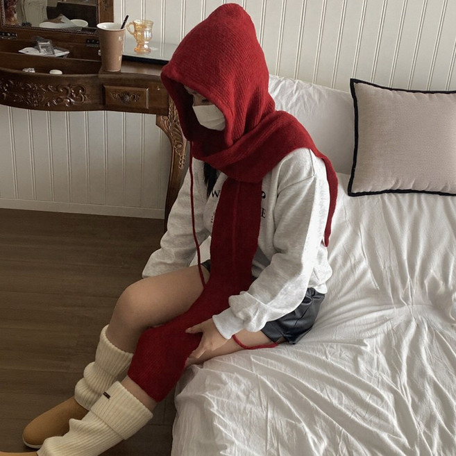 앤아일즈 롱 겨울 니트 바라클라바 목도리 일체형 후드 넥워머 7종, 레드, 1개