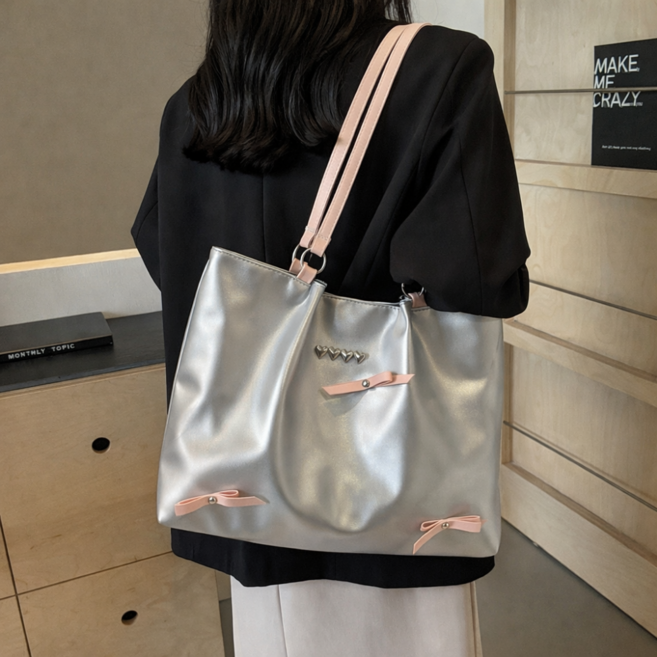 여성 토트백 숄더백 대용량 메탈릭 실버 데일리 가방 핑크 스트랩 포인트백