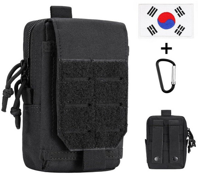 HahnRay아웃도어 등산 허리가방 전술 허리가방 군대 파우치 택티컬 파우치(부가:태극기 패치+카라비너), 블랙