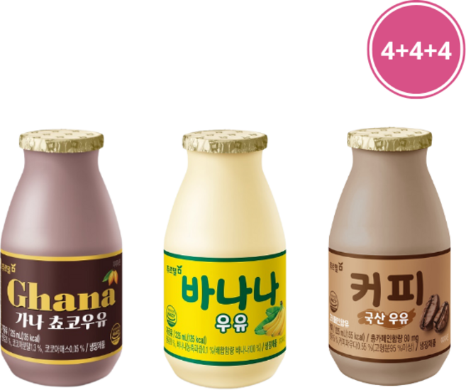 푸르밀 우유 225ml 3종 (커피 + 바나나 + 초코) x 각 4개씩, 12개