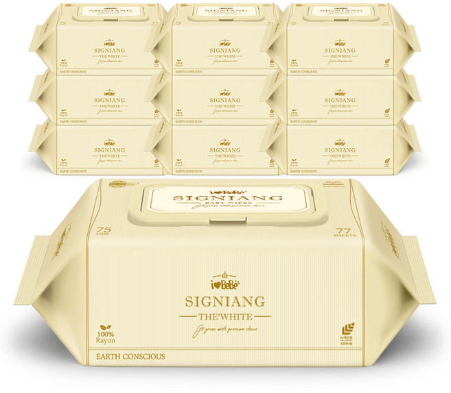 아이러브베베 시그니앙 75g 더화이트 생분해원단 77매 10팩 캡형 엠보 아기물티슈, 1세트, 10개입