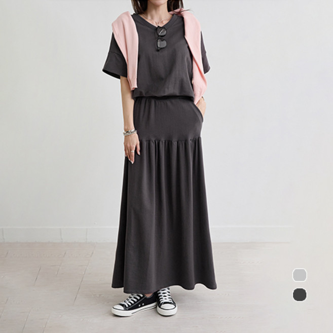 [나크21] (55~88) 브이넥반팔+롱스커트세트 여성빅사이즈 세트 KO62-SET-01