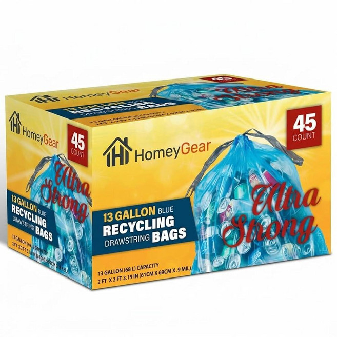 HomeyGear 13 Gallon Recycling Bags Drawstring Blue Kitchen Trash Bags Extra Strong & Leak-Resist