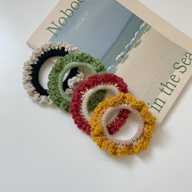 패션 헤어 아이템 크림 투톤 뜨개 니트 헤어 머리끈