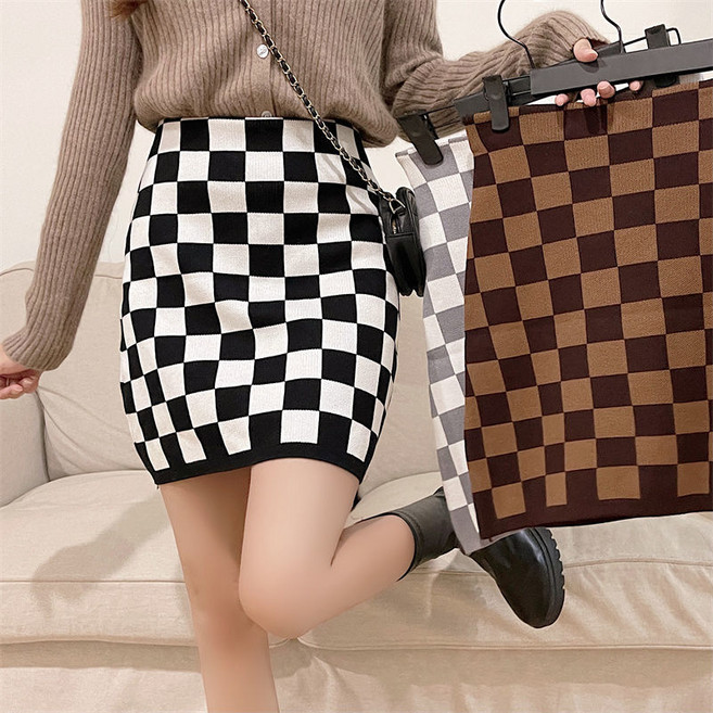 해피유통 여성 a라인 바둑판 체크 니트 하이웨스트 날씬해 보이는 힙업 미니스커트 XG15
