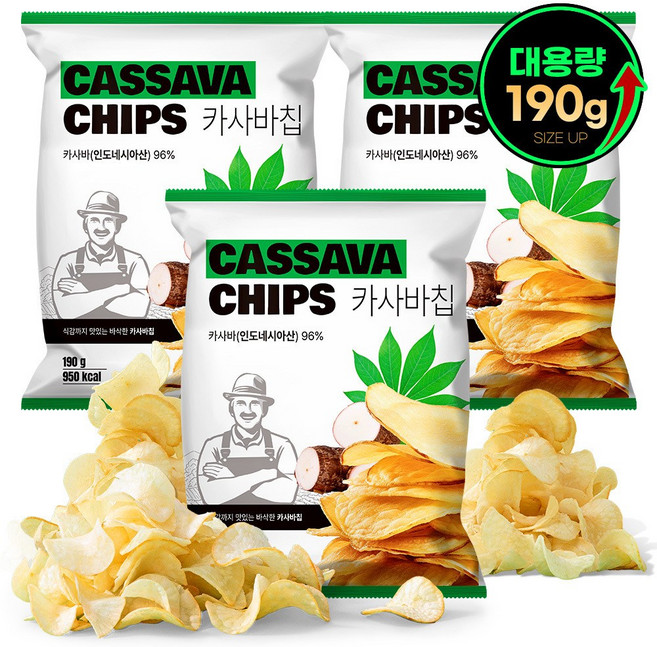 왓더파머스 글루텐프리 비건 통슬라이스 정제설탕제로 카사바칩 건강한 저당 과자, 3개, 190g