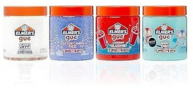 Elmer's Gue Premade 슬라임 버라이어티 팩 투명 향 글리터 4개입 - 어린이 활동 여름 예술 및 공예 학교 교실 생일 파티 선물로 적합, Glassy Clear / Cotton Candy Fi