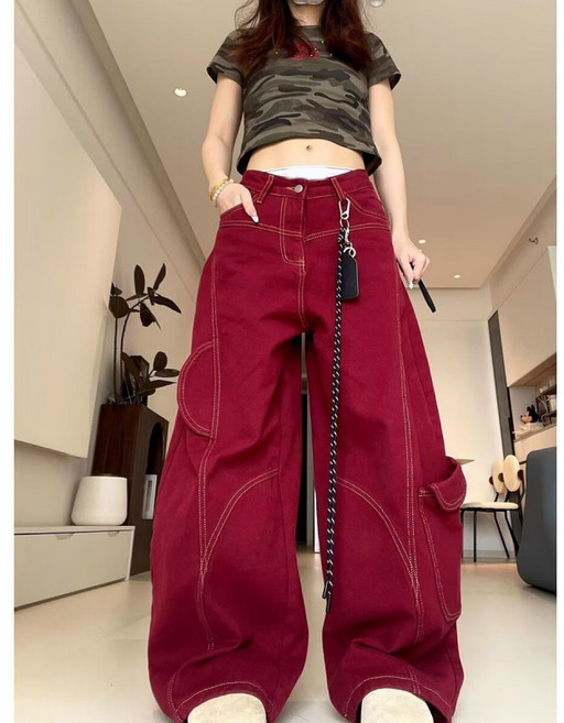 쁘띠꼬모 여성 하이웨이스트 카고 와이드청바지 버건디 포켓 롱핏 힙업 스트릿룩 QXT591130