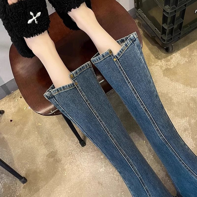여성 부츠컷 9부 청바지 하이웨이스트 9부 마이크로 부츠컷 청바지 유니크 슬릿 버튼 YLP