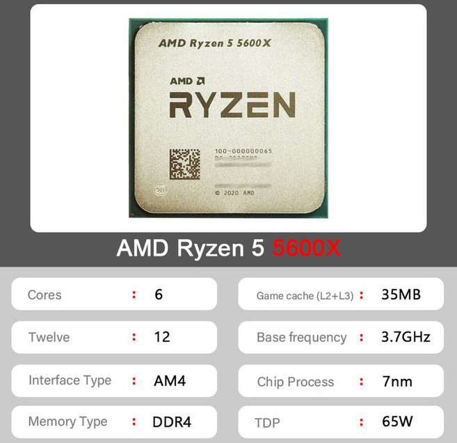 새로운 AMD Ryzen 5600X R5 7GHz 6코어 12스레드 7NM 65W L3 32M 100 000000065 소켓 AM4