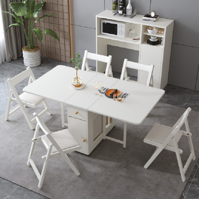 공간 활용 이동 테이블 빈티지 확장형 테이블 접이식 식탁, 화이트1.5M+화이트의자4개, 4인용, 화이트