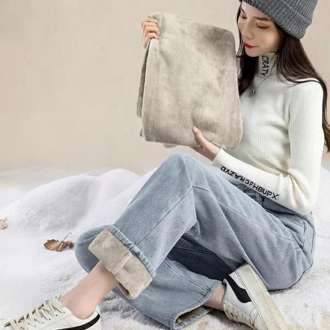 shiny格子 高腰垂墜加絨保暖寬鬆直筒牛仔長褲 修身顯瘦