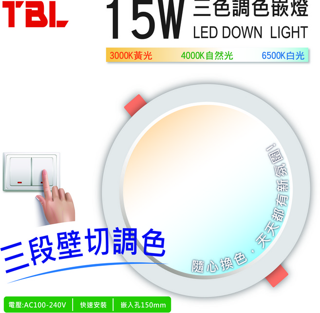 TBL LED 15W 三段壁切調色嵌燈, 1個, 三色可調