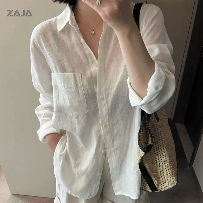 ZAJA 여성 여름 루즈핏 린넨 셔츠 가볍고 시원한 화이트 린넨 셔츠