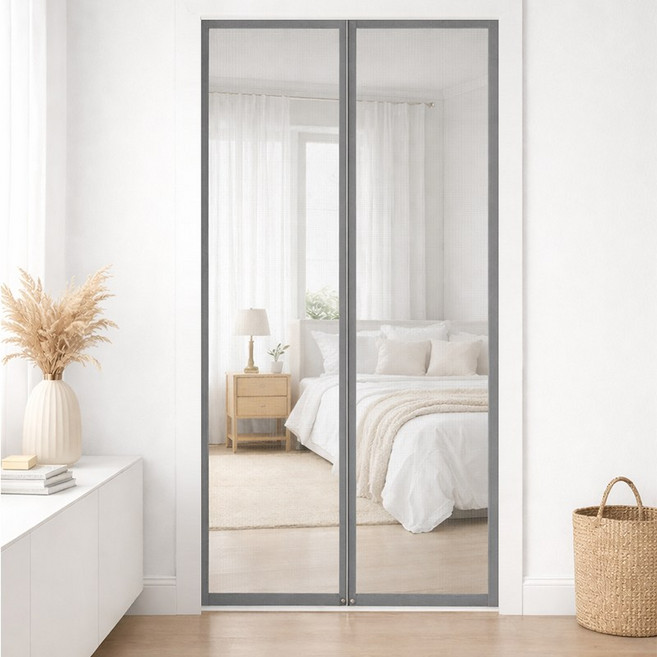 ROYAI ONE 일체자석형 현관 방충망 찢어지지 않는 현관문 모기장 미세 방충망, 회색