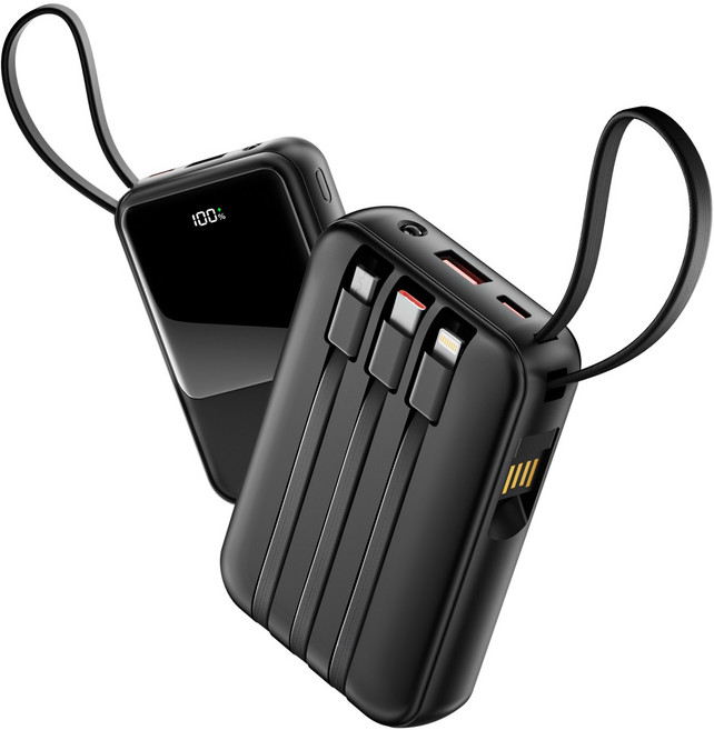 TRYSEEK 고속충전 PD 22.5W 대용량 미니 4in1 케이블 일체형 보조배터리 12000mAh 멀티단자 C타입 LED잔량, 블랙, N13