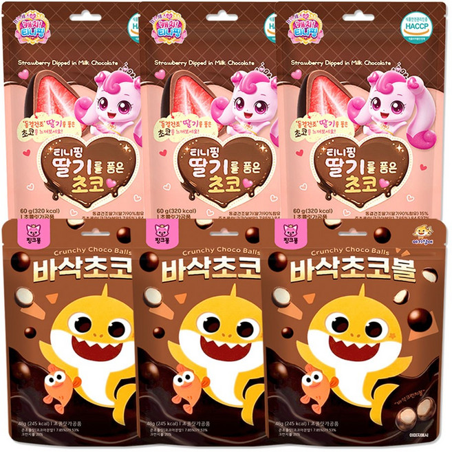 티니핑 딸기를 품은 초코 60g + 핑크퐁 바삭 초코볼 48g 세트, 3세트, 108g, 티니핑 딸기를 품은 초코+핑크퐁 바삭 초코볼