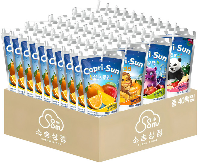 소솜상점 카프리썬 200ml 혼합 40팩 (오렌지망고+사파리+펀알람+정글 각 10팩), 1세트