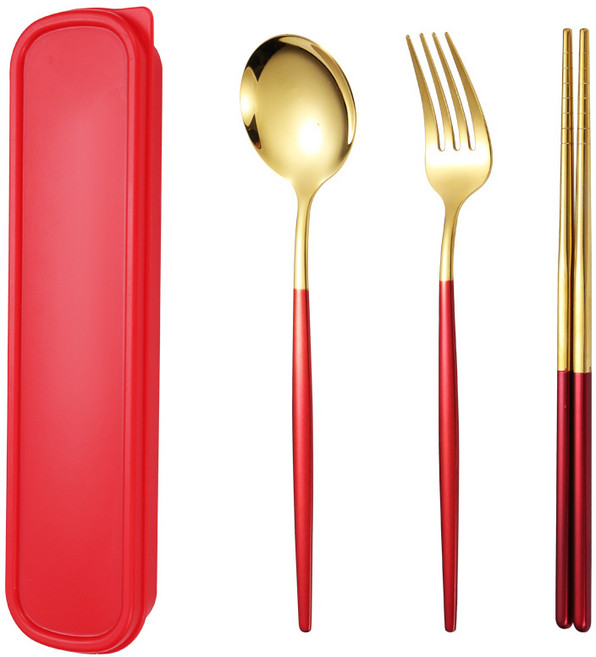 수저 포크 세트 휴대용 귀여운 식기 아이디어 스테인리스 수저 수납함, 세 벌, [홍금]수저+포크+젓가락+박스, 1개