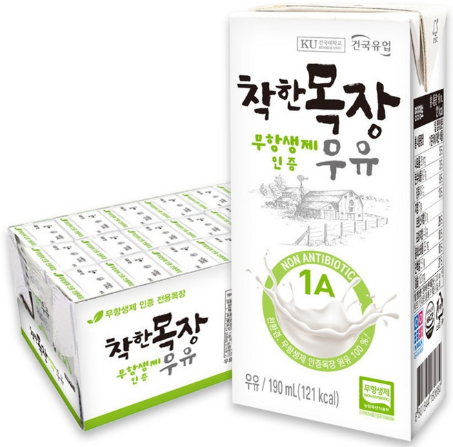[건국우유] 건국 착한목장무항생제멸균우유 24입, 190ml, 24개