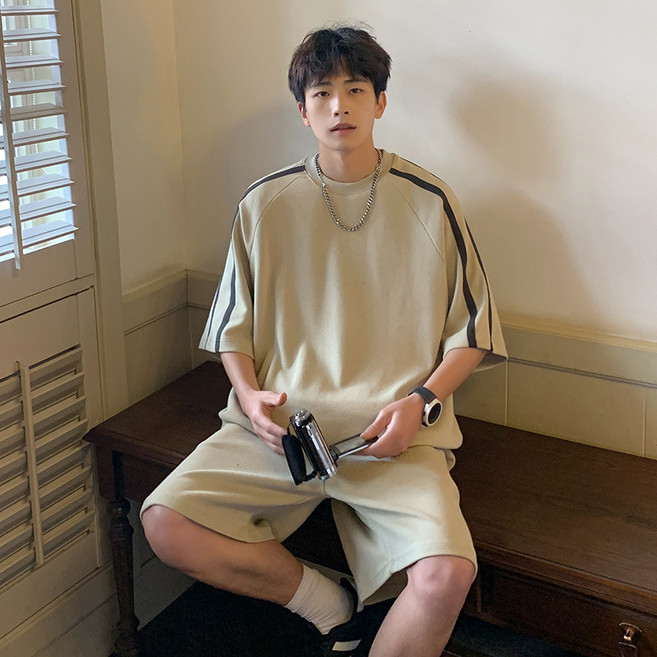 【重磅360g】華夫格套裝 短袖T恤 短褲 運動套裝 潮牌男裝 夏季男裝 寬鬆oversize 大碼男裝 休閒運動 情侶同款