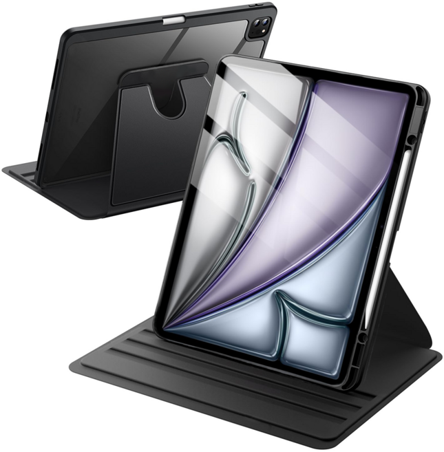 디상커 아이패드 720도 회전 아크릴 단색 투명 펜슬수납 충격 방지 거치대 태블릿 케이스 에어 8/7/6/5/4 프로 8/7/6/5/4/3 세대 11/13인치, 블랙, 1개