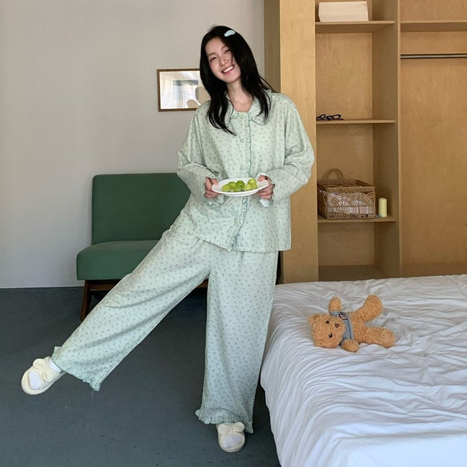 외출가능 한국스타일 여성 파자마 세트 인스타일 가을겨울 순면 이중거즈 통기성 레이스칼라 홈웨어