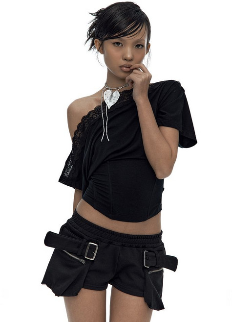 KASHIKO Lace One Shoulder Corset Tee Black