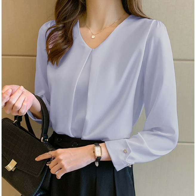 FINE ART 여성 봄 가을셔츠 긴팔 루즈핏 브이넥 블라우스