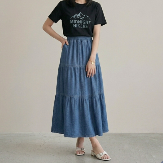 블랭크몰 여성 캉캉 청 치마 롱 데님 스커트 밴딩