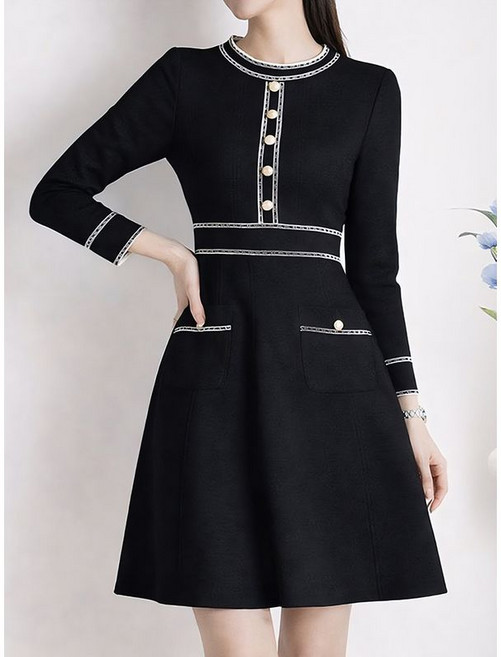 모리스커밍홈 배색 포켓 긴팔 플레어 원피스 M2602OP610A