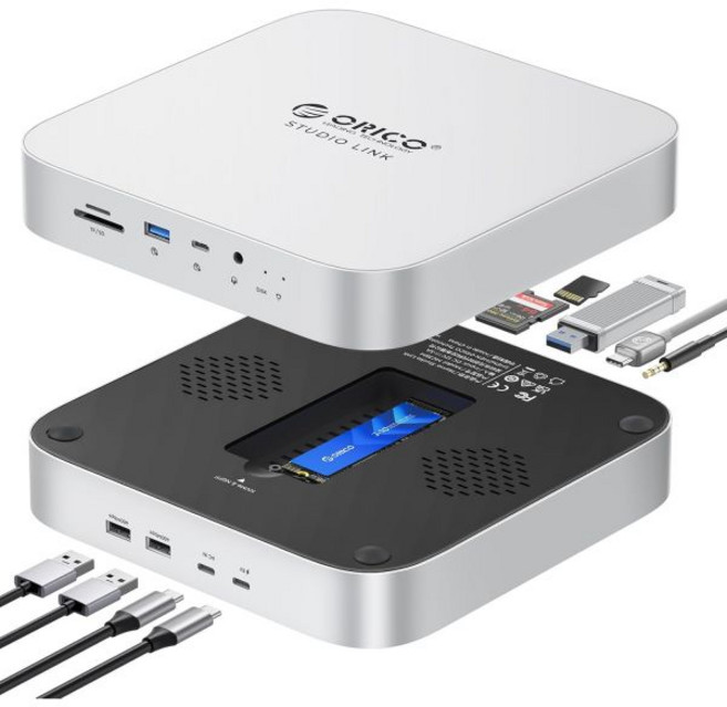 오리코 스튜디오링크 맥 미니 허브와 SSD 인클로저 및 7-in-1 포트 NVMe/SATA M.2 독 for M1/M2/맥 스튜디오 10Gbps USB-C SD/TF 카드 리더