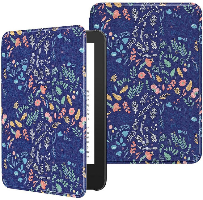 6인치 올 뉴 킨들(11세대-2024/2022 출시) 킨들 2024/2022 11세대 전자 리더기용 자동 웨이크/슬립 기능이 있는 경량 쉘 커버 다크 씨 블루, Flowers on Blue