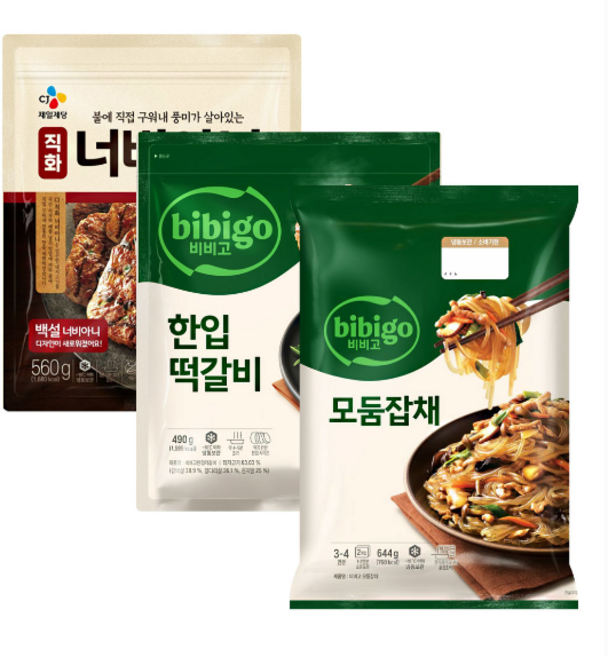 백설 너비아니560g+비비고 한입떡갈비490g+비비고 모둠잡채644g, 1세트, 1.694kg