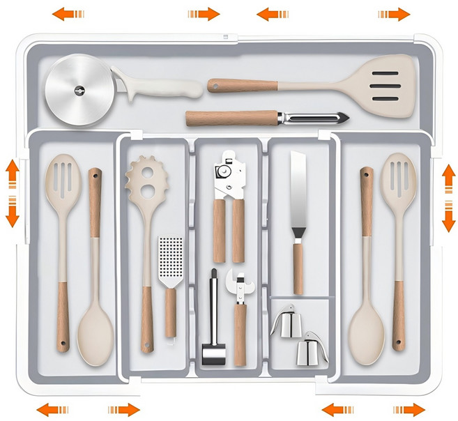 Shipshape 주방 폭조절 길이조절 수저정리함 신축식 수저분리함 확장형 서랍 커트러리정리함 분리 수납 랍정리 트레이, 1개, 화이트