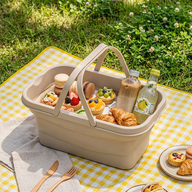 피크닉 테이블 접이식 피크닉 바구니 낚시 캠핑 폴딩박스 차박 테이블, 베이지