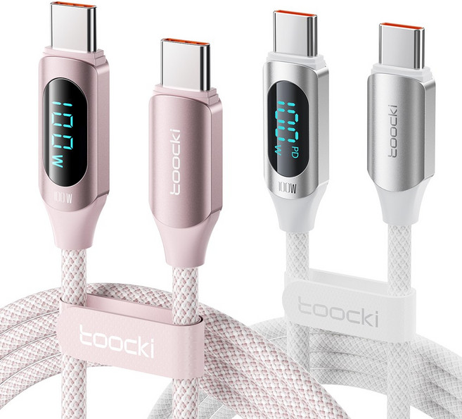 TOOCKI 알루미늄 합금으로 디스플레이 C-C 100w 고속 충전케이블, 2m, 핑크1+화이트1, 2개