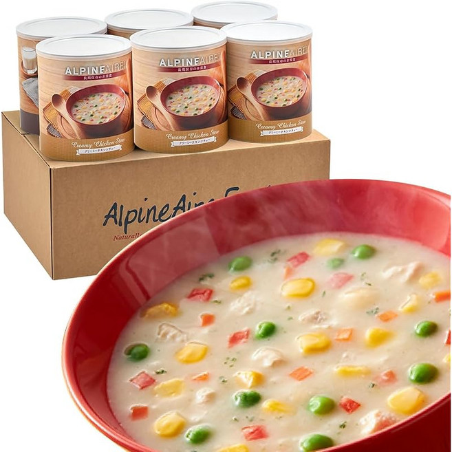 비상식량 5년 보존 치킨 스튜 캔 60끼분 총 6캔 유통기한 2038월 Alpine Air 알파인 에어 방재식 보존식 장기보존 상온 식품 병원 자치 단체 기업 아웃도어 피난, 1개, 1g