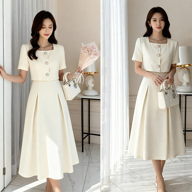 비비디아 여성용 여름 반팔 원피스 스퀘어넥 반팔자켓 A라인 플레어 롱치마 투피스느낌 (S~2XL) 5615