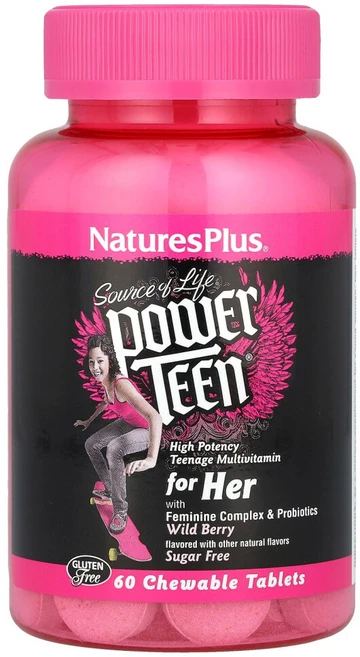 네이쳐스플러스 Source of Life Power Teen 여성용 무설탕 산딸기 향 츄어블 정 60정, 1개 - 쿠팡