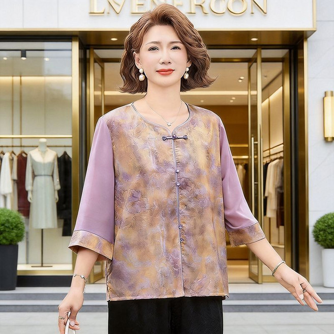新中式媽媽春夏裝中袖開衫盤扣上衣中老年女裝國風小衫, 1個, 058款紫色上衣 喬其紗袖子3XL 【建議體重120-135斤】