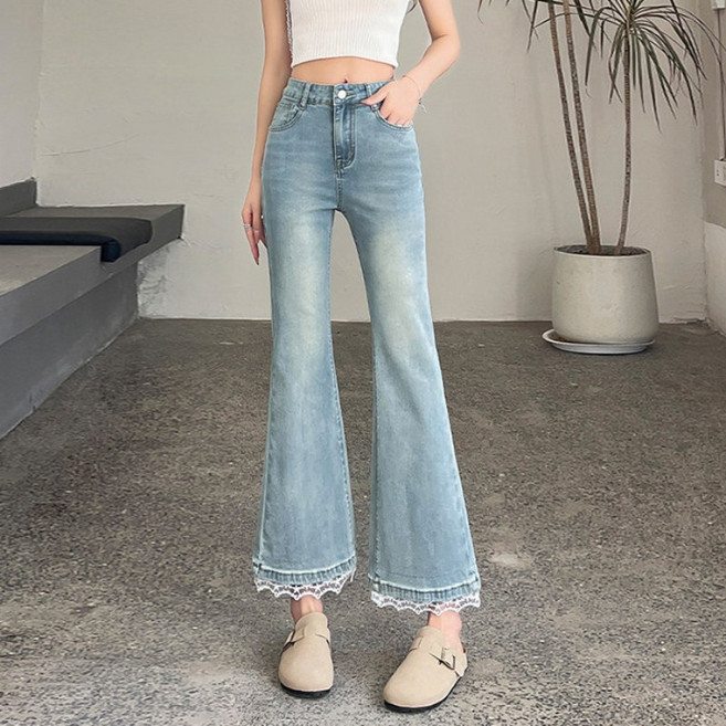 쁘띠꼬모 여성 청바지 레이스 밑단 9부 부츠컷 데님 팬츠 하이웨스트 캐주얼 바지 WKX40705