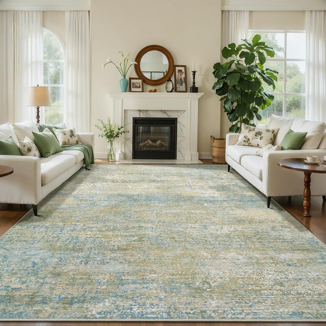 Tangsoo 4x6 Washable Area Rug Modern Non Slip Indoor Rugs for Living Room Abstract Contemporary, Mist Blue/Beige