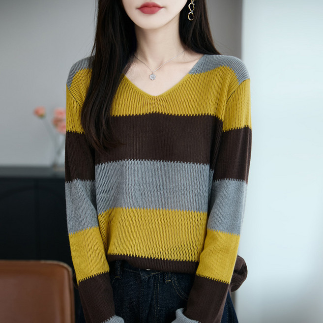 SALE NEW 여성니트 브이넥니트 가을니트 스트라이프니트 긴팔 풀오버 여성니트티 지고트니트 여성오피스룩 패션 슬림핏 컴포트 원단