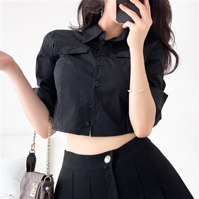 글램디브 미느젠 AG0195 크롭 베이직 셔츠 여성셔츠 오피스룩 스쿨룩